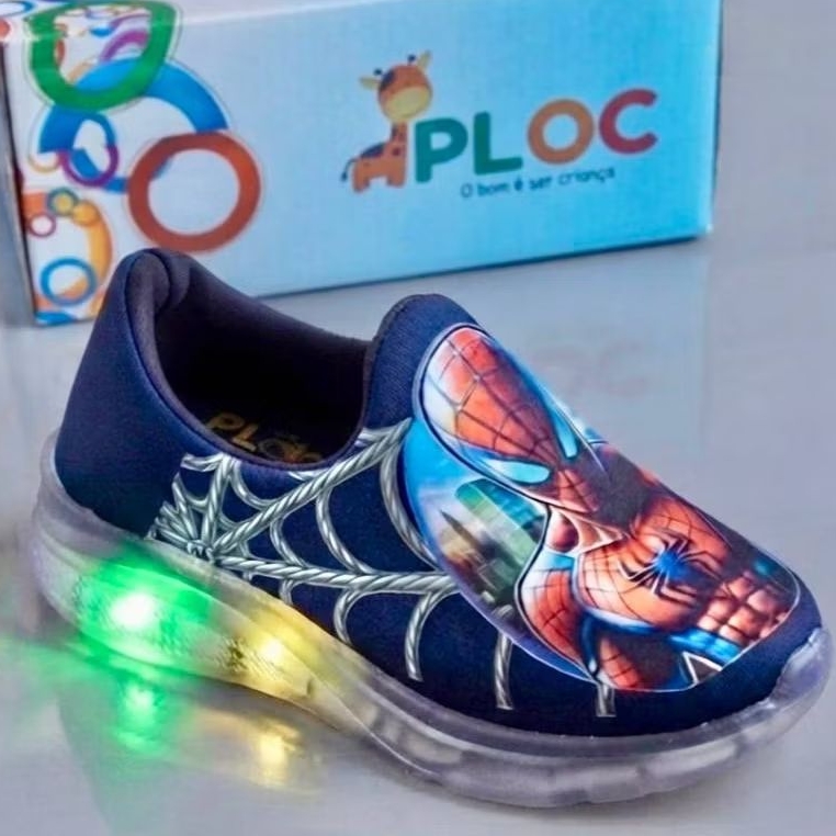 Tênis Led Tecnology Cores Ploc Pisou Piscou Personagens - LED DTF Spider Menino