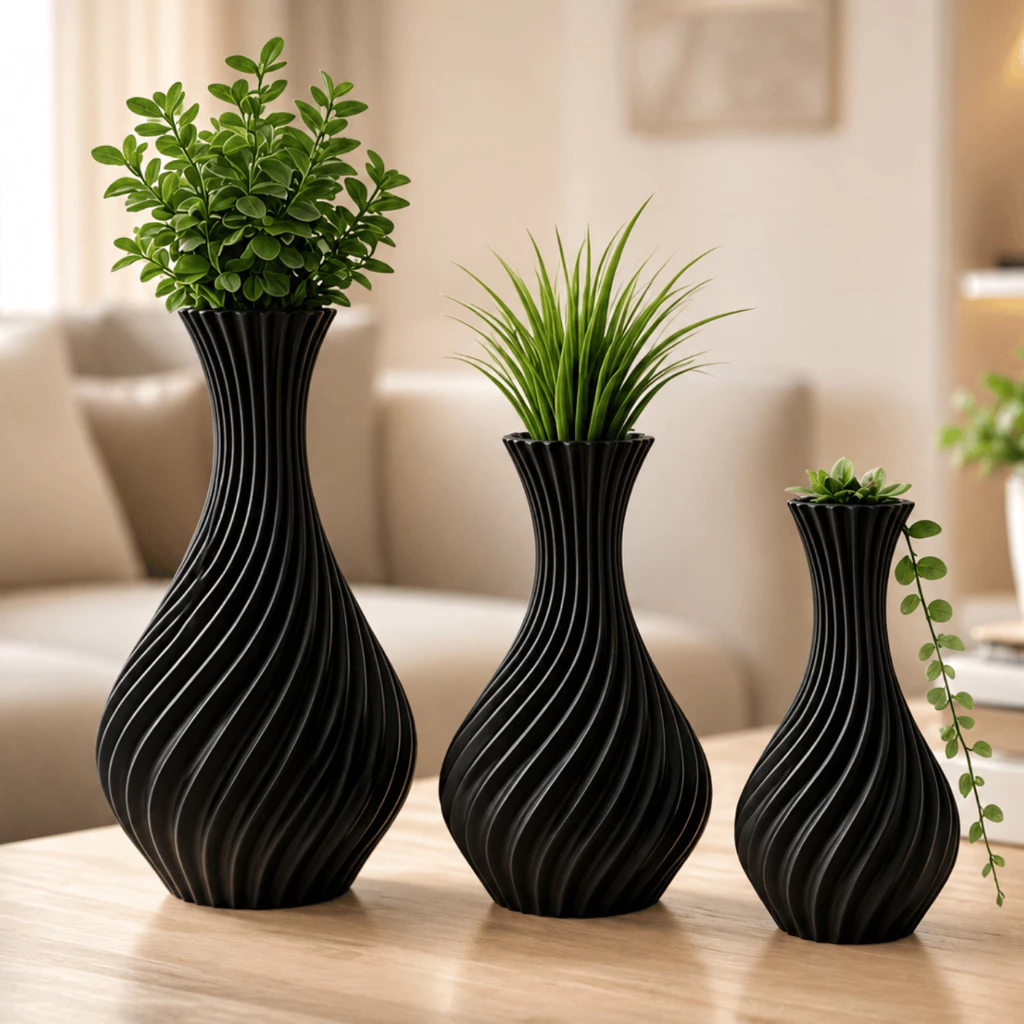 Kit 3 Vasos Decorativos Preto em Espiral Decoração Moderna para Sala e Estante — imagem 1