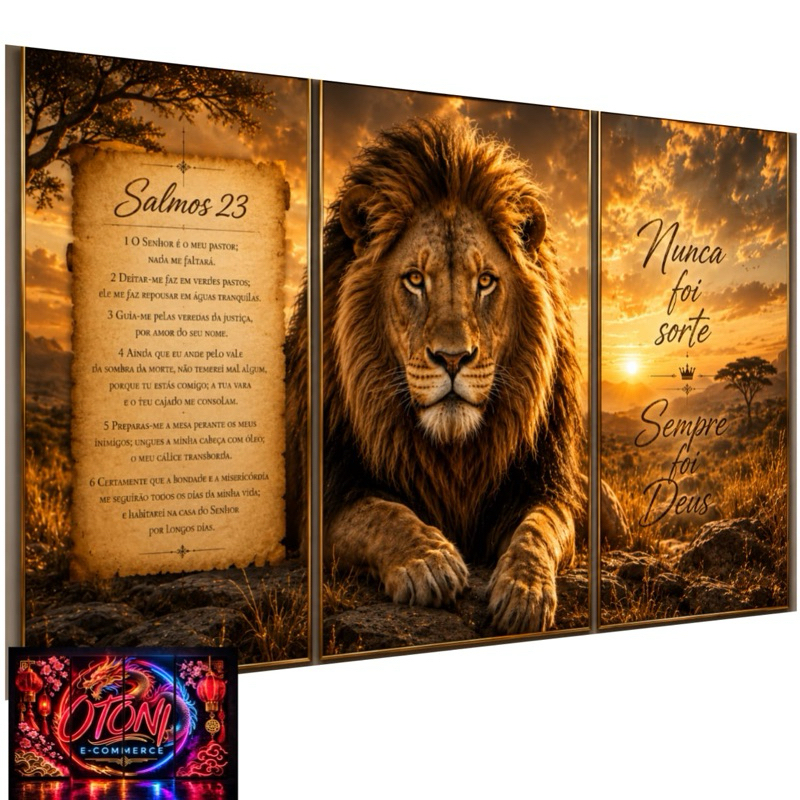 Quadros Decorativos Leão Salmo 23 Religioso Nunca Foi Sorte Sempre Foi Deus 3 Peças Decoração Sala Quarto Escritório