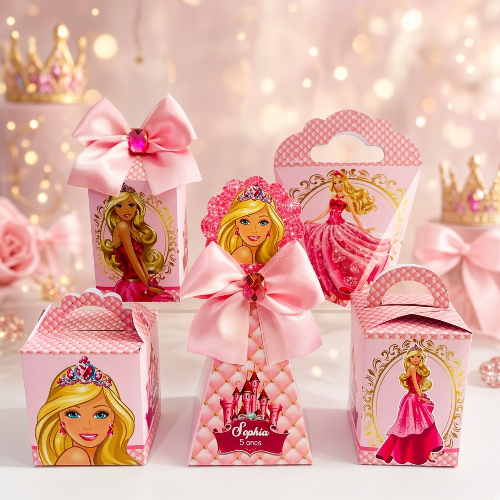 Kit Festa Barbie Infantil Personalizado | Caixas Lembrancinhas Barbie Rosa Luxo com Laço