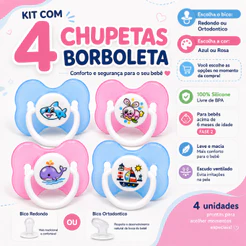 Kit 4 Chupetas Borboleta Silicone Bico Redondo ou Ortodôntico Fase 2 Azul ou Rosa para Bebê +6 meses