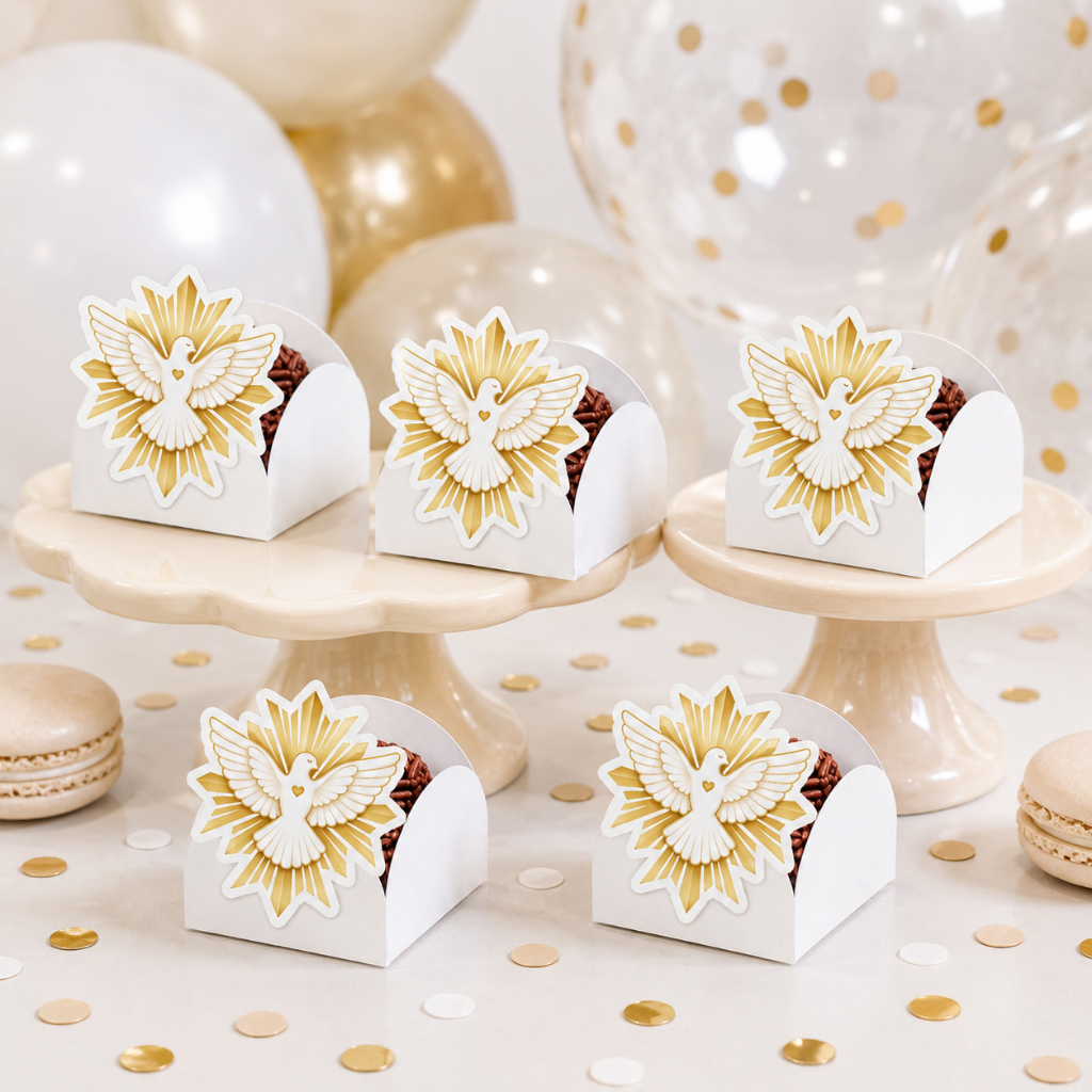 50 Forminhas para Doces + 50 Apliques Batizado Espirito Santo – Decoração Festa