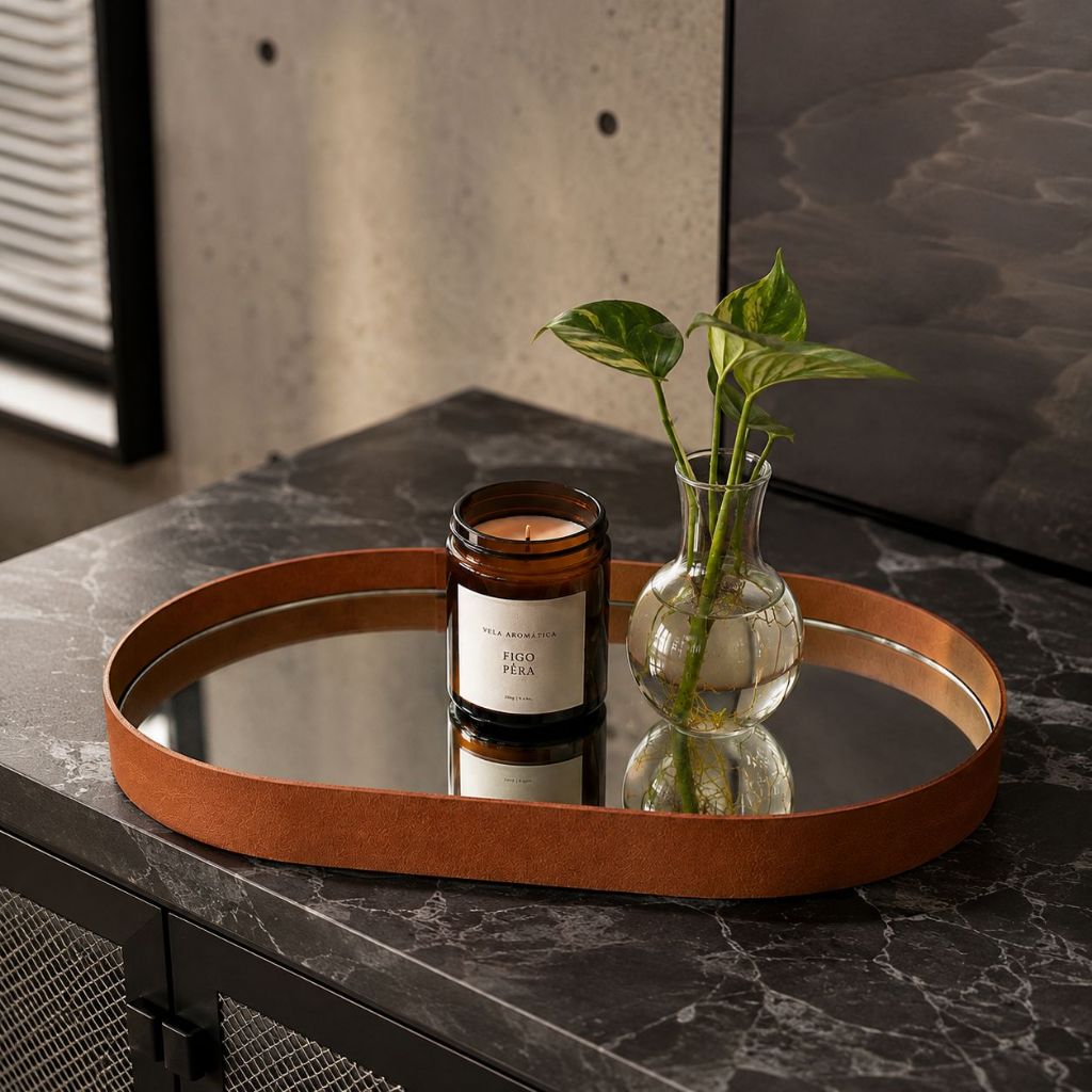 Bandeja Bebidas Espelhada 38x28cm para Aparador Maquiagem Bandeja Decorativa com Moldura em Couro