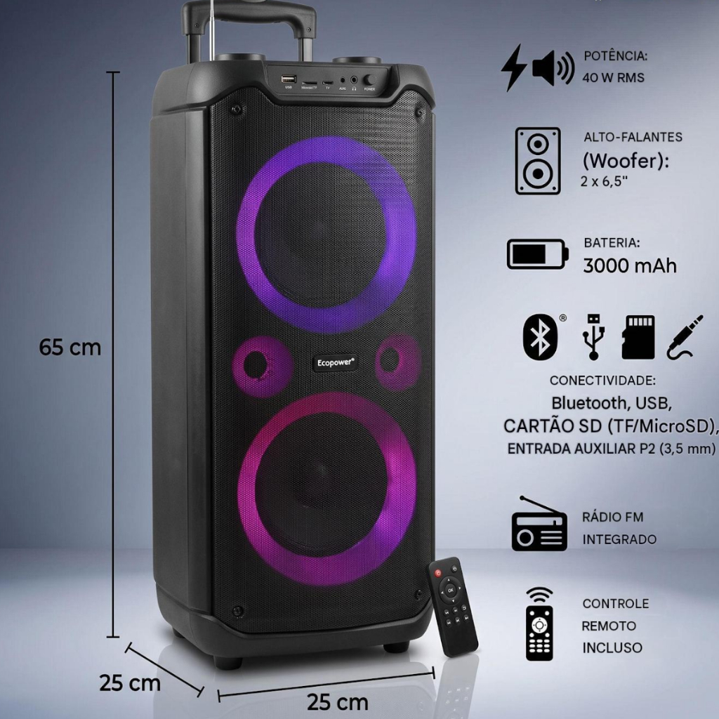 Caixa de Som Ecopower EP-2225 Torre Bluetooth 40W Portátil Potente com Som Estéreo