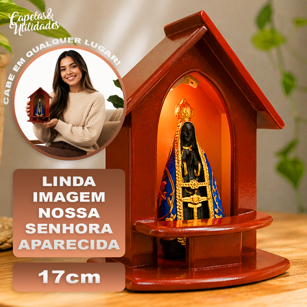 (1) Capela Oratório Em Madeira Imagem Nossa Senhora Aparecida Manto Pérolas e Strass com Luz 15 cm