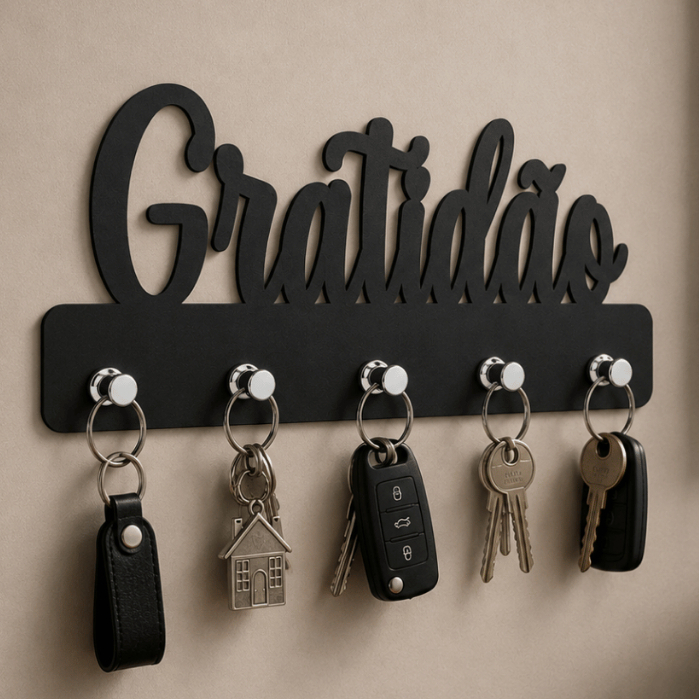 Porta Chaves De Parede Decorativo Em MDF Suporte Organizador Frase Gratidão