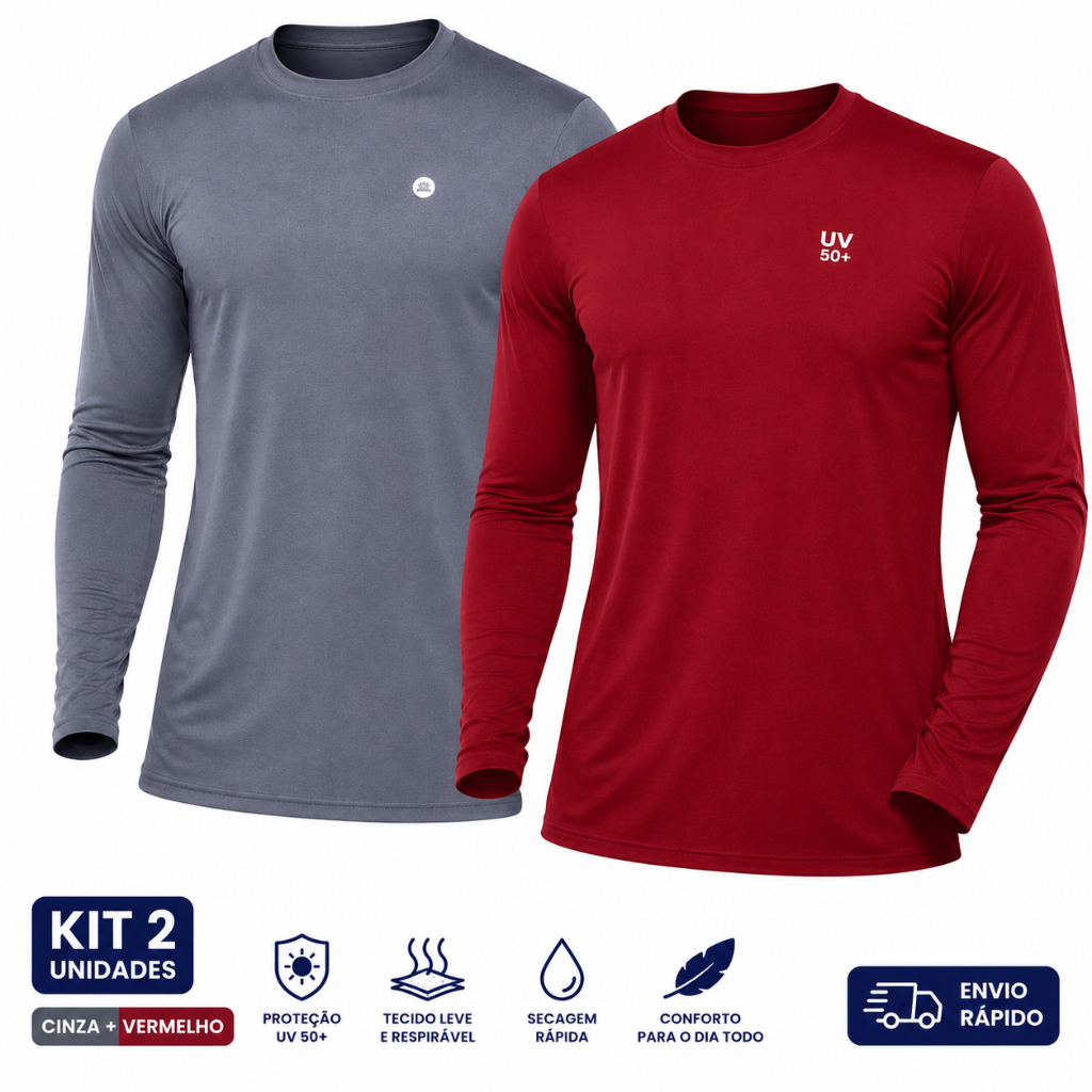 Kit 2 Camisas Proteção solar UV Masculina Térmicas UV 50+ Malha Fria Proteção Solar