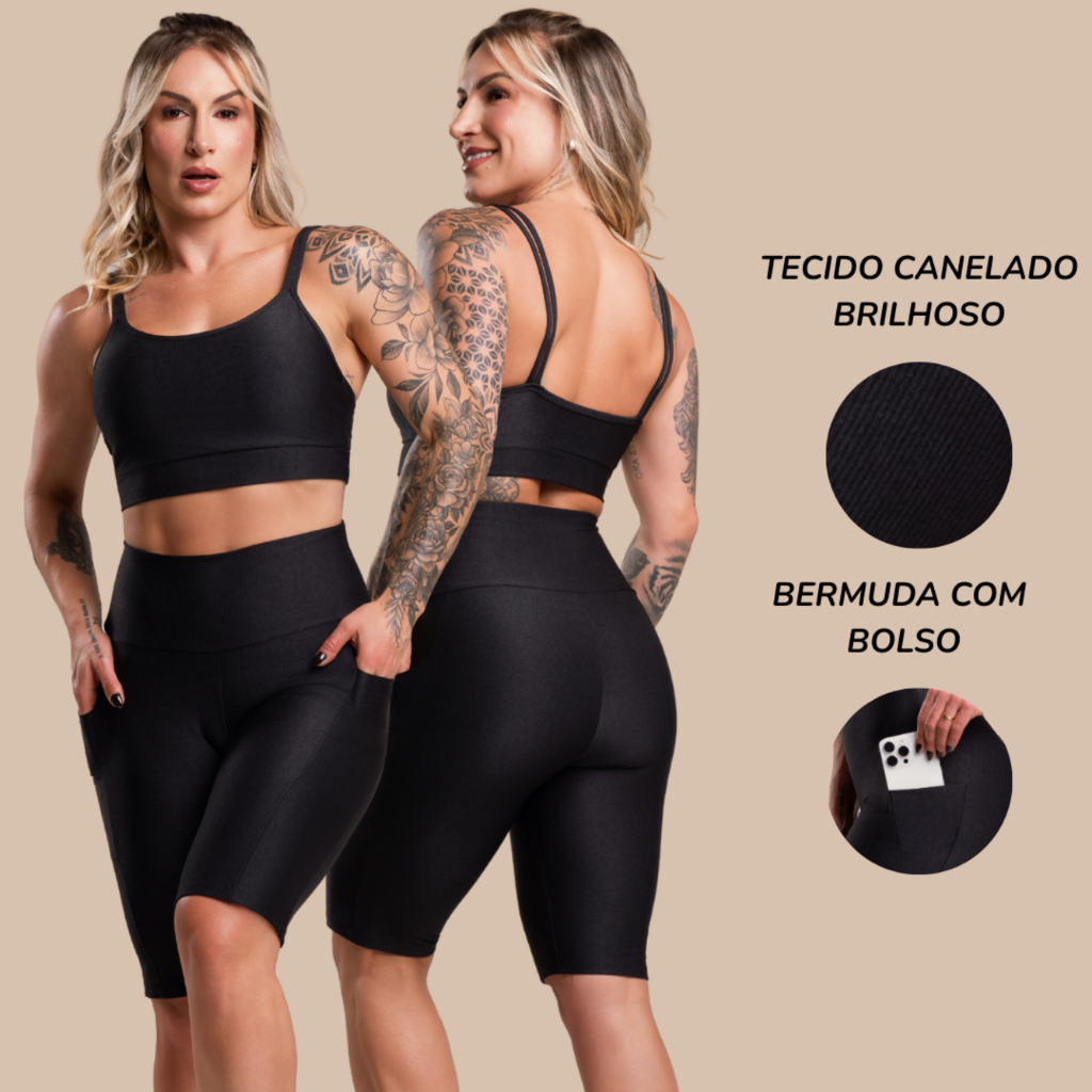 Conjunto Fitness Feminino Canelado Brilhoso Academia Top Cropped Alcinha e Bermuda Bolso Cintura Alta Treino
