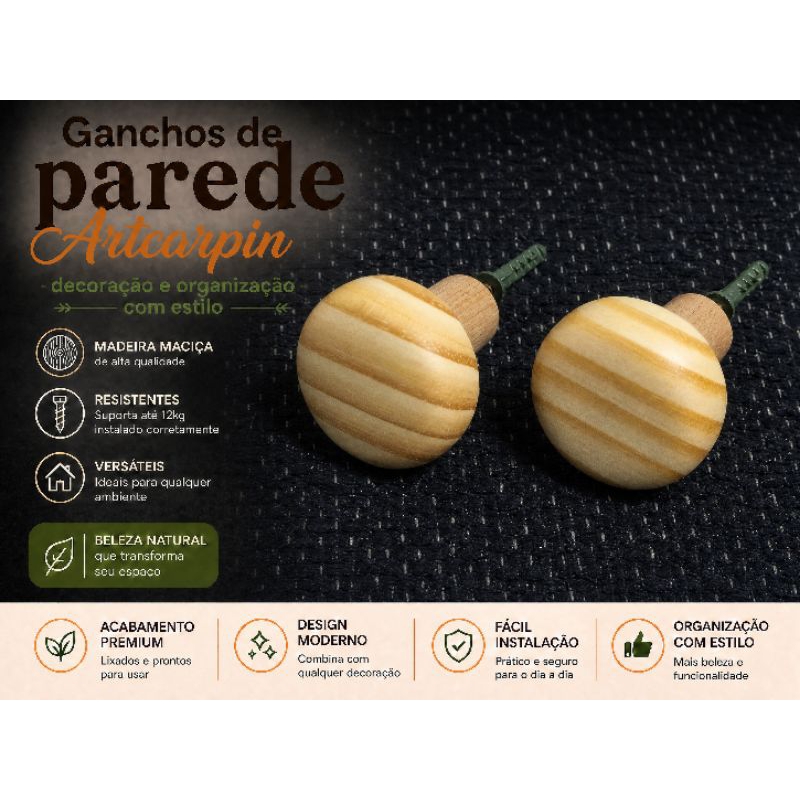 Kit Com 4 Gancho de Parede em Madeira – Suporte Resistente e Decorativo Artcarpin