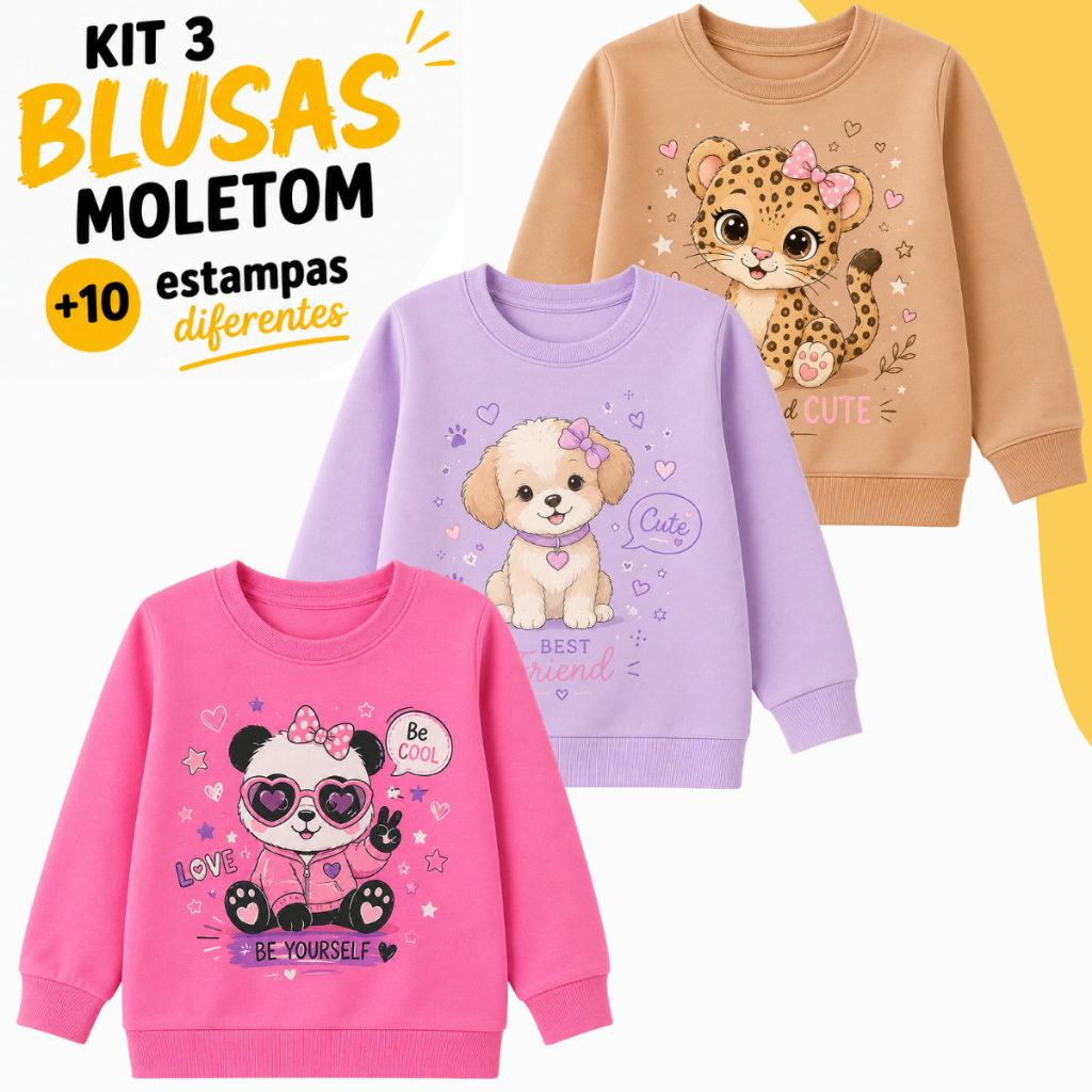 Kit 3 Blusas Moletinho Flanelado Estampado Menina Inverno Frio Agasalho Estiloso Feminino Peluciado Estampas Sortidas
