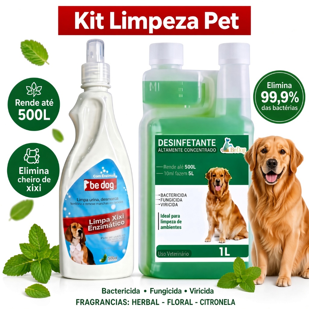 Desinfetante Pet Herbal Be Dog 1l  + Limpa Xixi Enzimático 500ml Cães