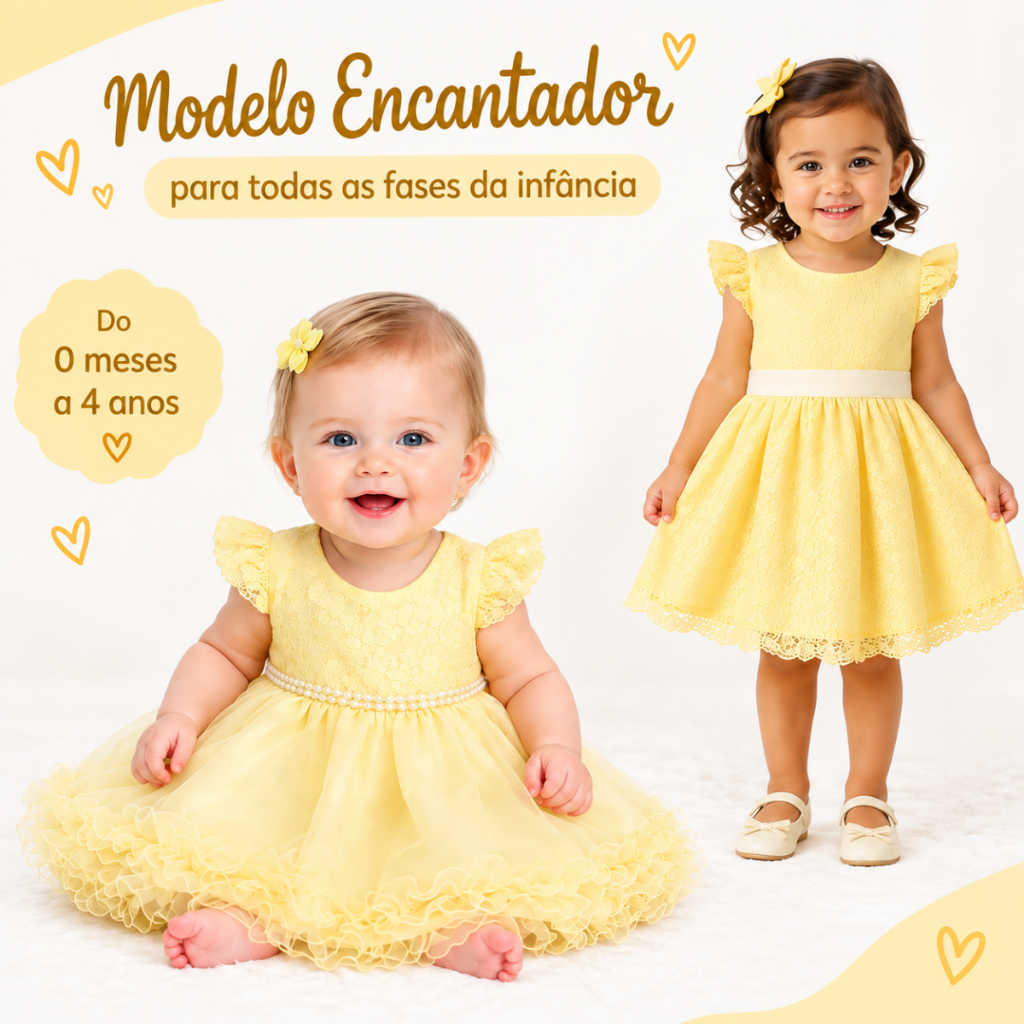 Vestido Para Bebê de Festa Amarelo com Tulle e Renda Para MesVersário Ensaios Fotográficos