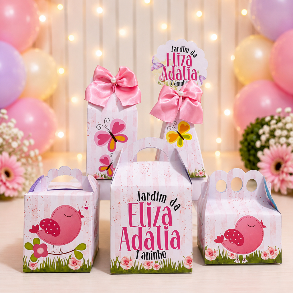 Kit Festa Jardim Encantado Borboletas Lembrancinha Personalizada Aniversário Infantil Caixas Desmontadas