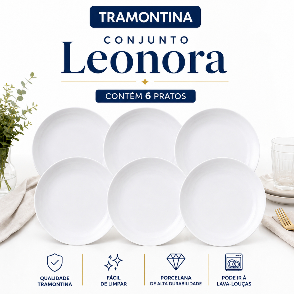 Jogo de Pratos Jantar Leonora Tramontina Porcelana Conjunto de Pratos Raso, Fundo e Sobremesa Kits