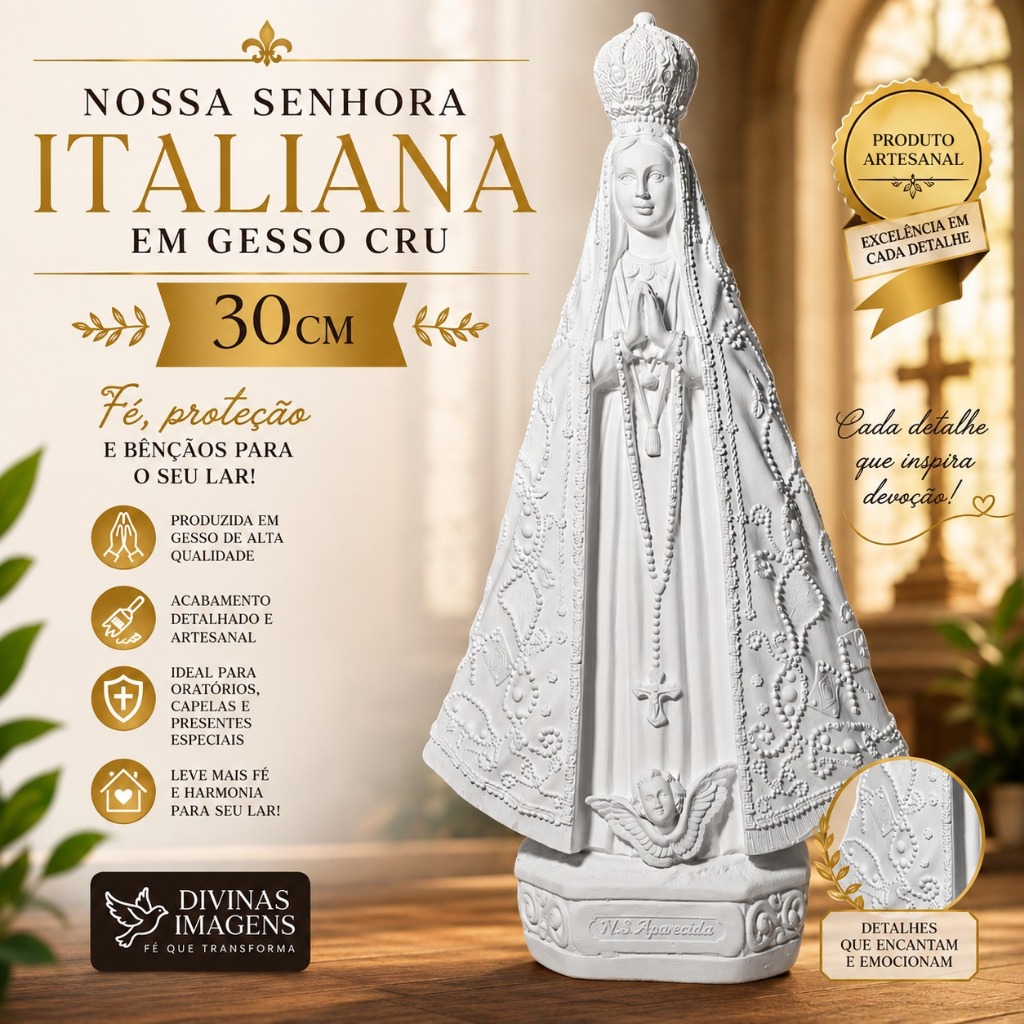 Imagem Nossa Senhora Aparecida Italiana 30cm Gesso Cru Retocado de Alta Qualidade