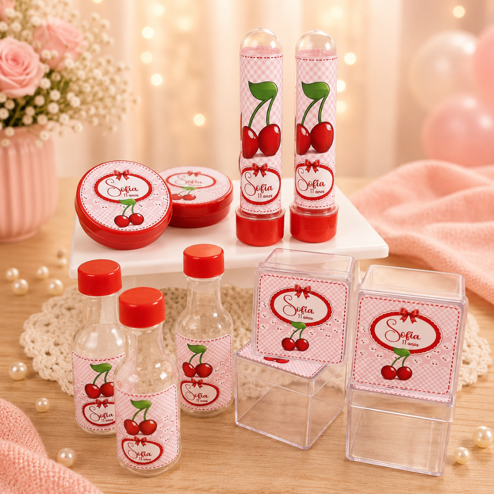 Kit 40 Lembrancinhas Cerejinha /Chá Revelação/Personalizados Festa Infantil/ Tubete/Acrílicos