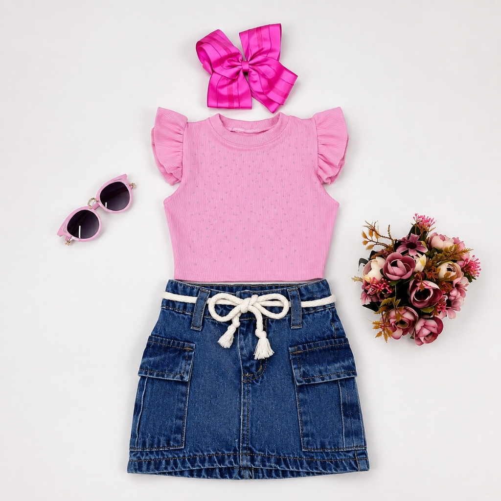 Conjunto Infantil Feminino Cropped Ribana Strass e Saia Cargo Jeans Moda Mini Diva Blogueirinha