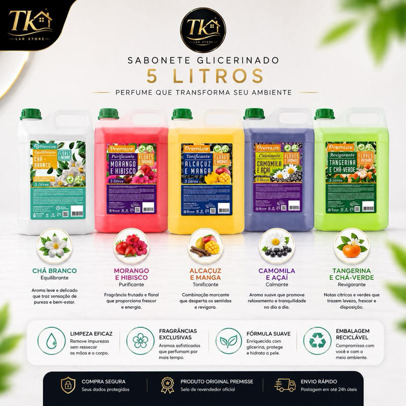 5 litros Sabonete Liquido Glicerinado, Super hidratação, Ph neutro, ideal para o banho e higienização das mãos, Premisse