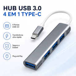 Hub USB-C, 4 em 1, 4 Portas, USB 3.0 e 5Gbps