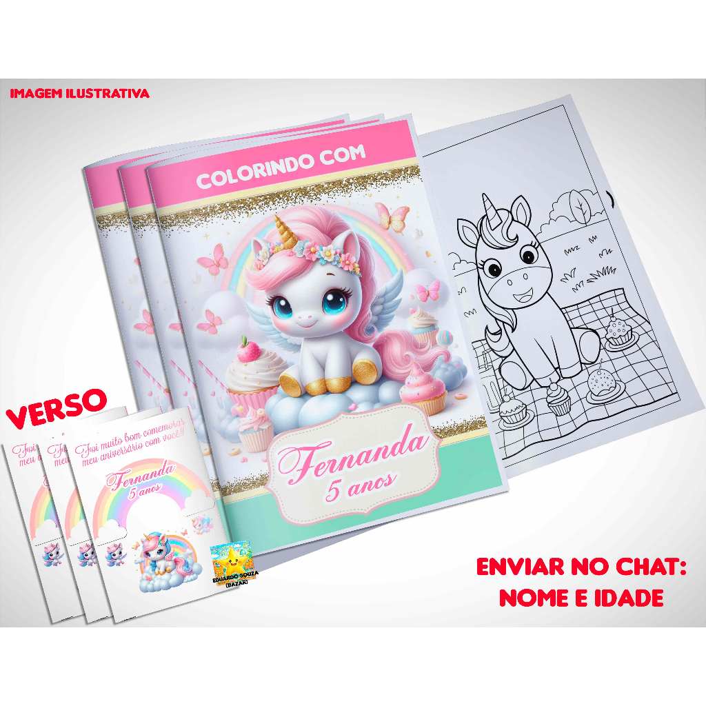 Livro de Colorir Personalizado Unicórnio Lembrancinhas de Aniversário Completo/Básico/Só Revista