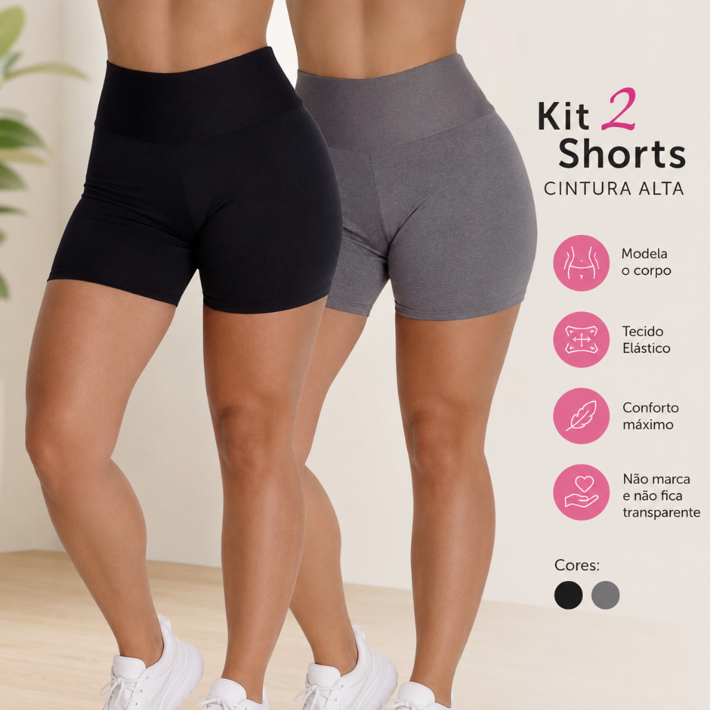 Kit 2 Shorts Feminino Cintura Alta Suplex Academia Fitness Zero Transparência