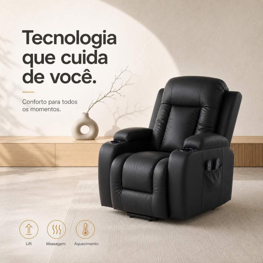 Poltrona do Papai Poltrona de Massagem Elétrica Poltrona com Aquecimento Austin Lift PU Preto G94