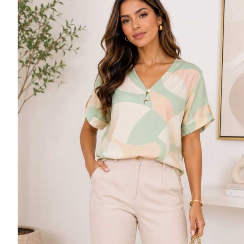 Blusa Feminina em Viscolinho Manga Curta Decote V Confortável Casual e Social Verão