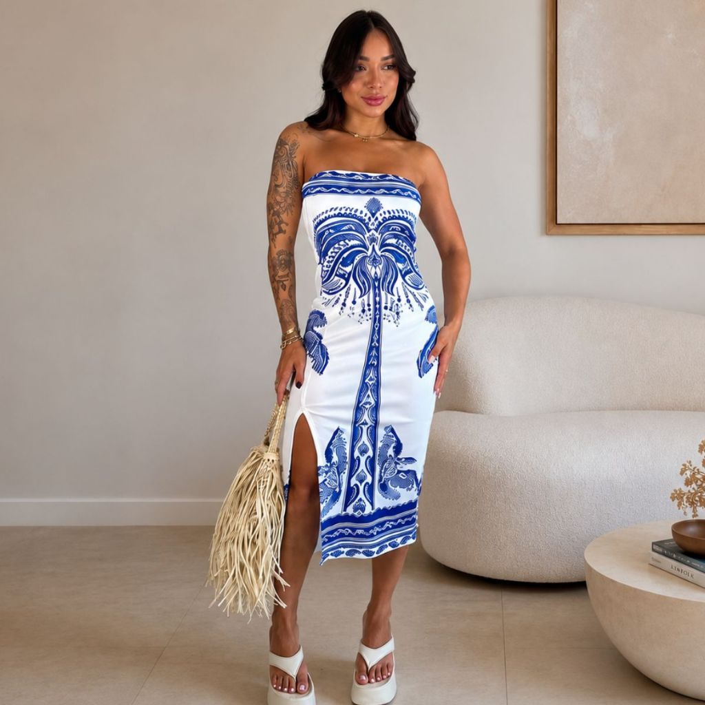 Vestido Midi Tomara que caia com Fenda Lateral com Bojo Estampado Floral Tropical Elegante Canelado