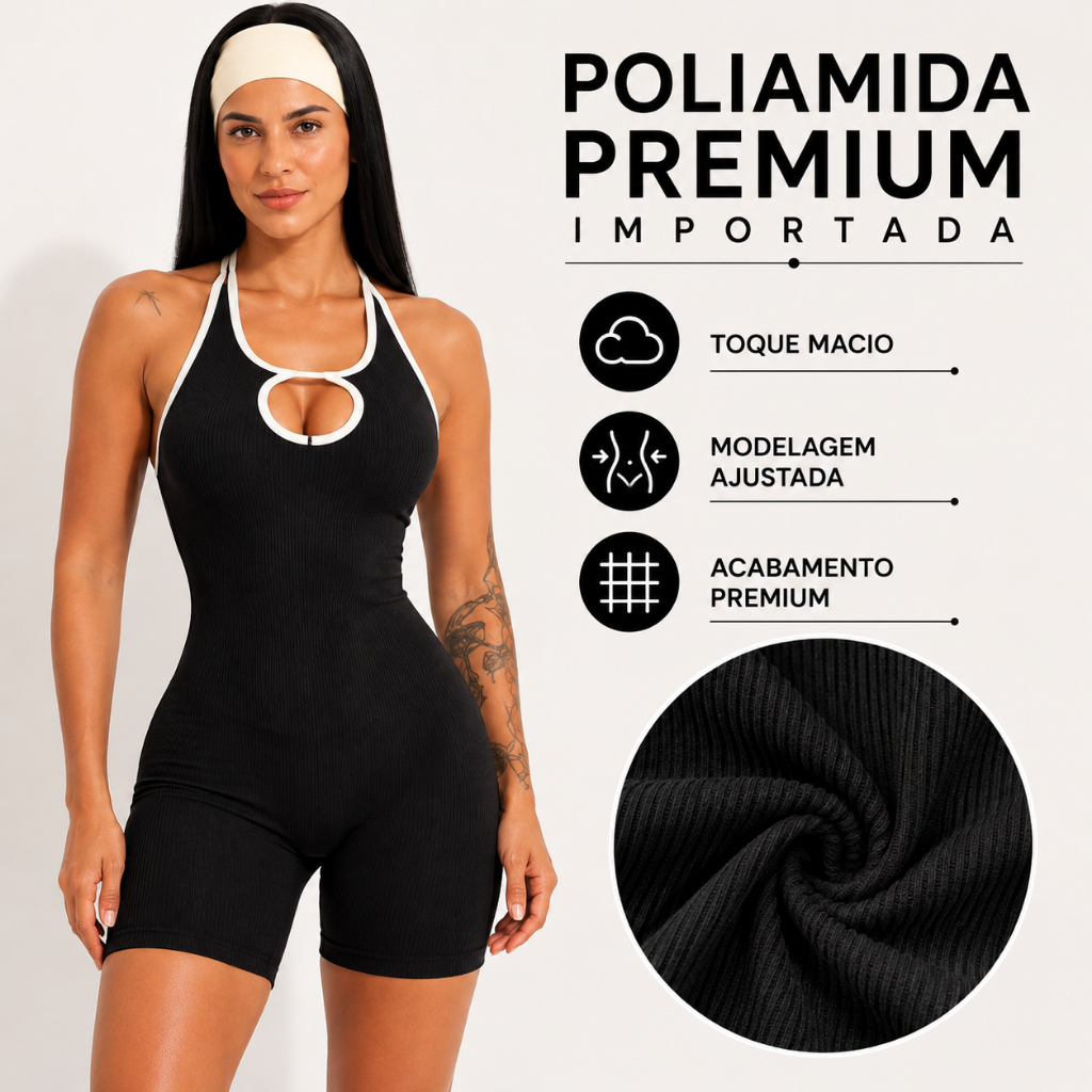 Macaquinho Fitness Feminino Poliamida Canelada Frente Única Short Academia Premium Modelador