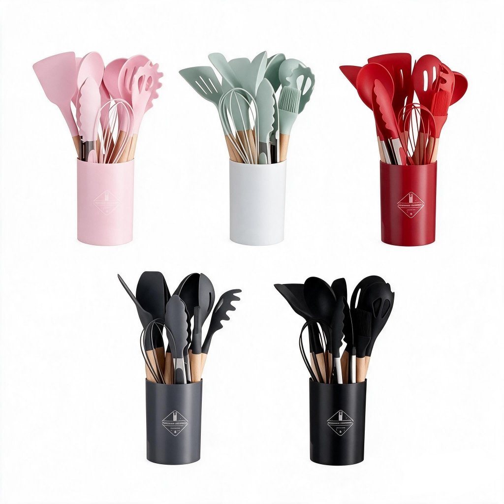KIT de Utensílios Para Cozinha em Silicone e Bambu 12 Peças