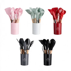 KIT de Utensílios Para Cozinha em Silicone e Bambu 12 Peças