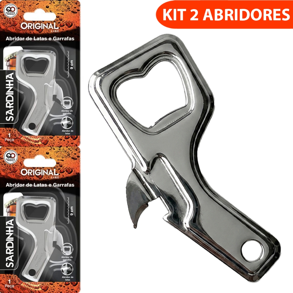 Kit com 2 Abridor de Latas e Garrafas Cervejas Refrigerantes Sardinha Inox 9cm Cozinha Original