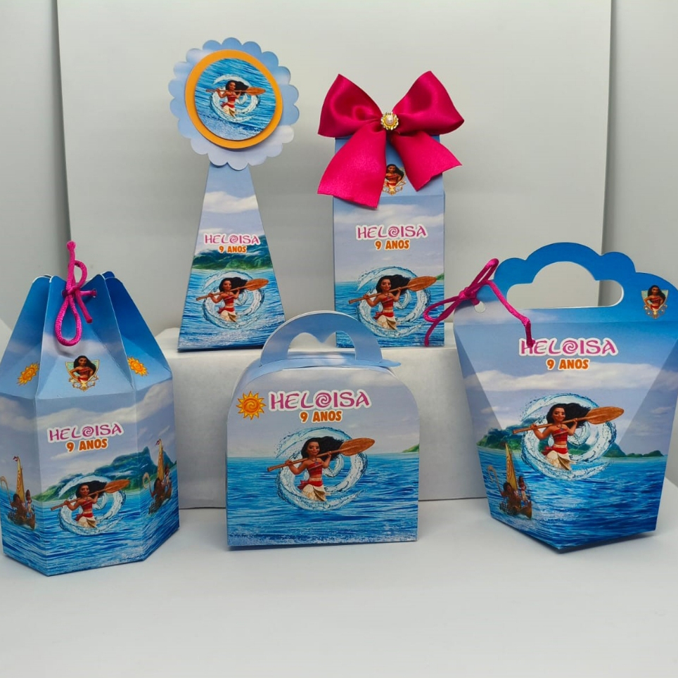 Caixas Personalizadas Moana com remo Sem Laços Caixinhas papel fotográfico Brilho