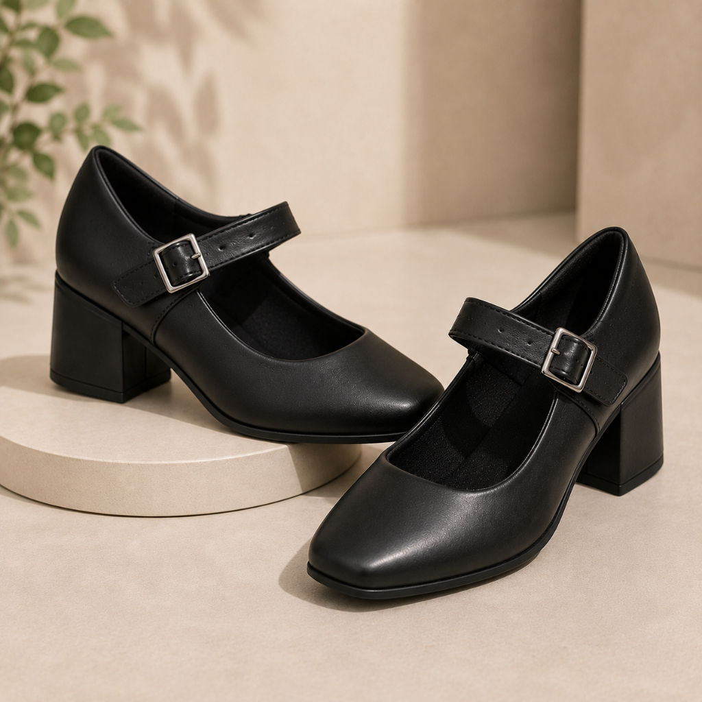 Sapato Feminino Mary Jane Salto Bloco Confortável Bico Quadrado Social Casual Elegante Dia a Dia Promoção