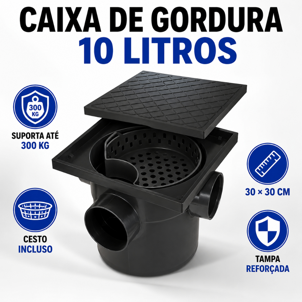 Caixa de Gordura 10L Sifonada Cesto Coletor 30x30x26 Tampa Suporta até 200kg DN100