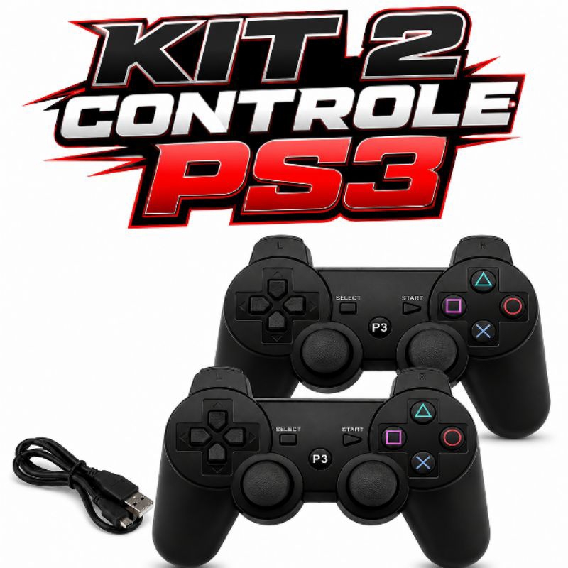 Kit 2 Controles PS3 Sem Fio Wireless Bluetooth + Cabo USB | Compatível com PlayStation 3