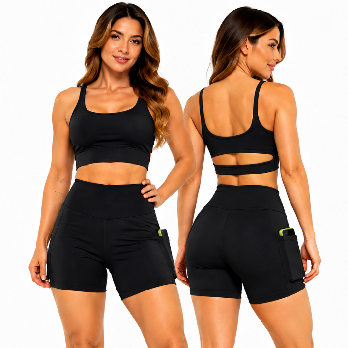 Conjunto Fitness Feminino Top + Short Cintura Alta Com Bolsos Roupa De Academia Look Academia Musculação Pilates REF1308