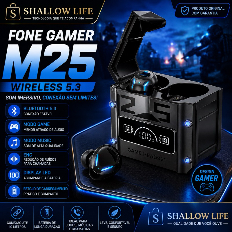 Fone de Ouvido Gamer M25 Bluetooth 5.3 Wireless ENC Game Music Display LED