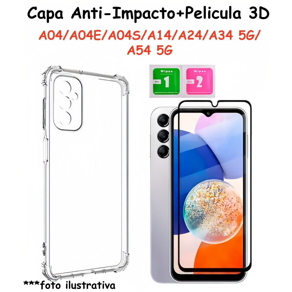 Capa Capinha Anti Impacto + Película 3D Para Samsung A04/A04S/A14/A24/A34 5G/A54 5G Vários Modelos