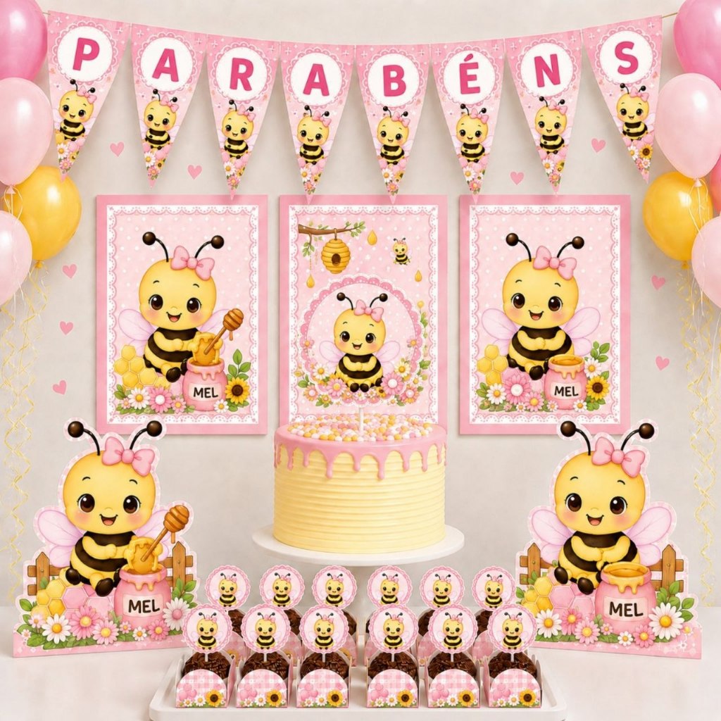 Kit Festa Só Um Bolinho 40 itens Tema Abelhinha Rosa - Lembrancinhas para Aniversário - Decoração - mêsversário