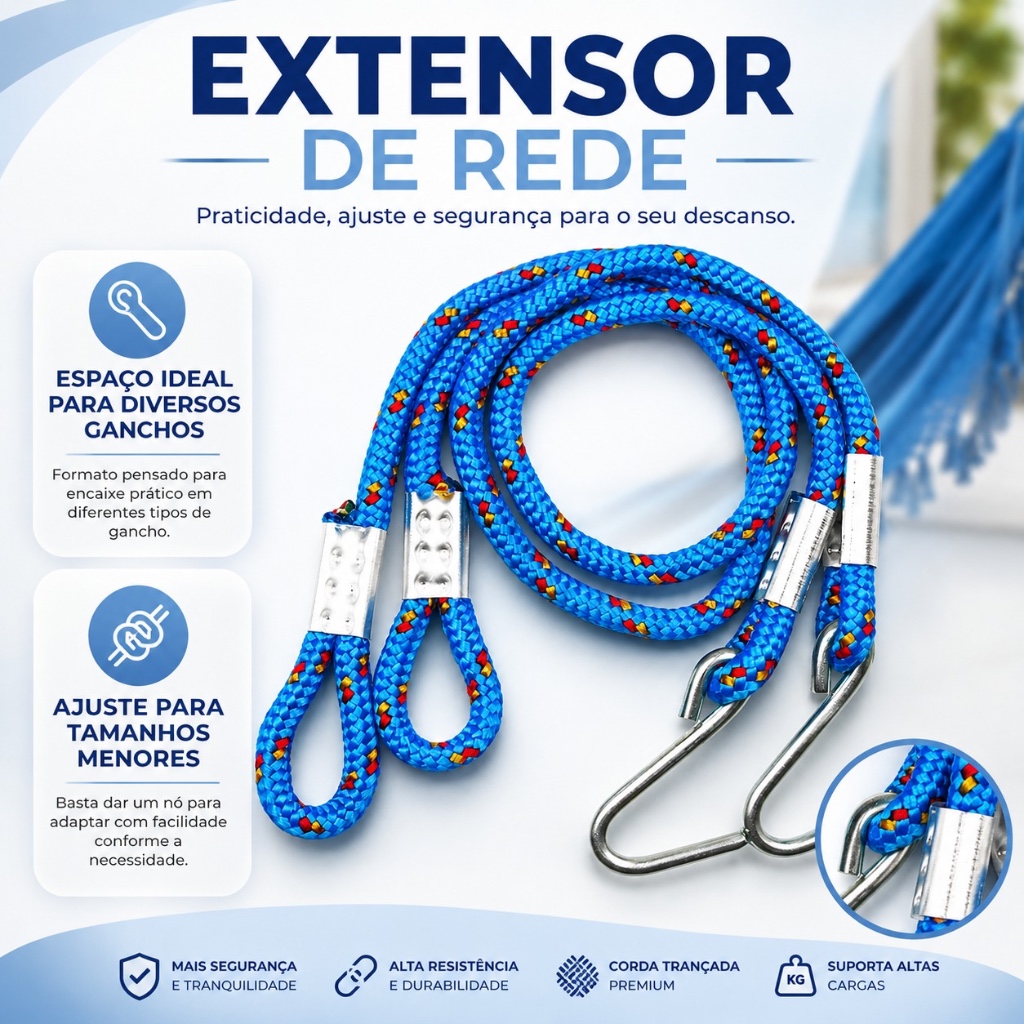 Corda Extensor Alongador Par Rede De Descanso Dormir 70cm Gancho Reforçado Parede Suporta 160kg