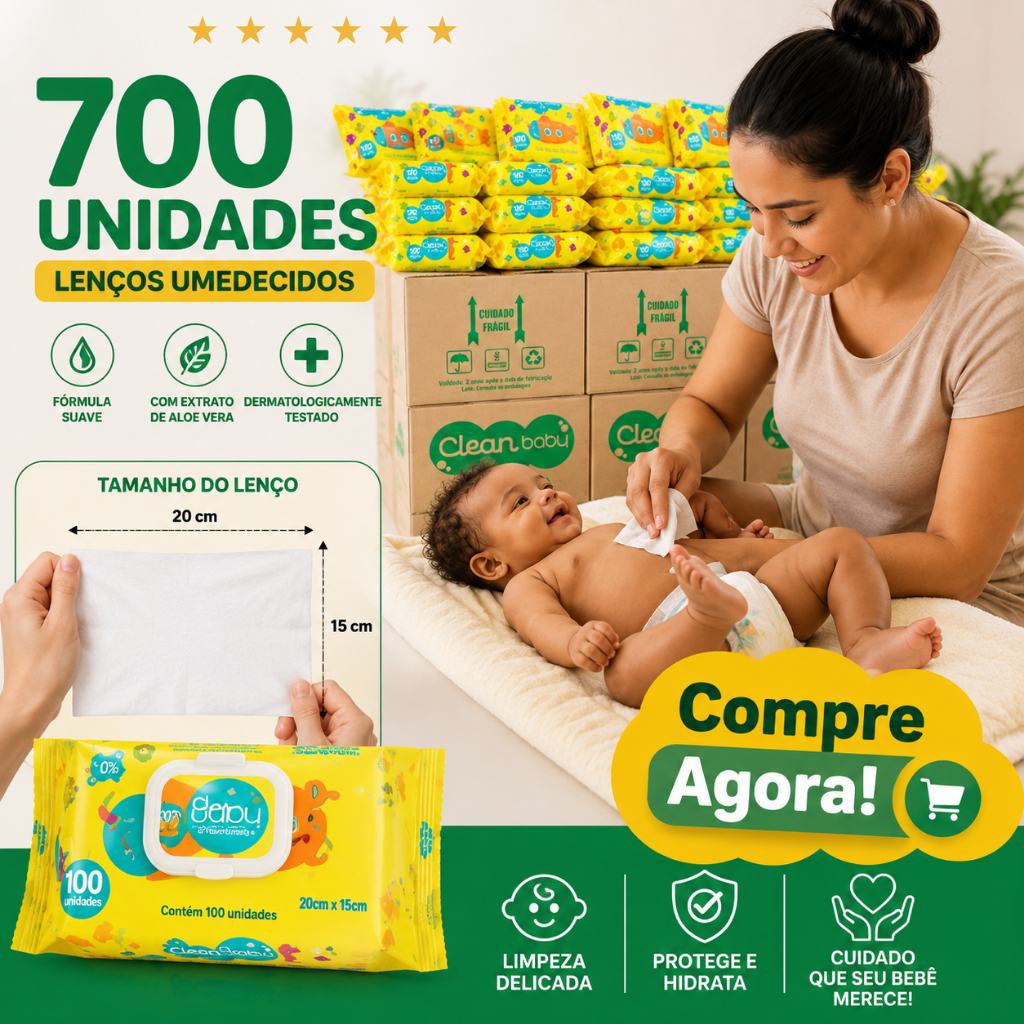 Caixa 7 pacotes Toalhas Umedecidas Clean Baby com 100 cada