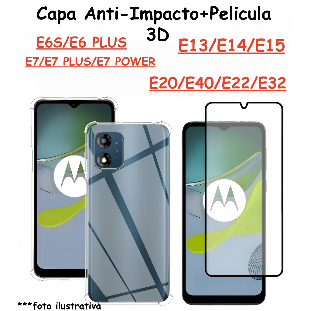 Capa Capinha + Película Vidro 3D Para Moto E6S/E7/E7 POWER/E13/E14/E15/E20/E22/E40 Vários Modelos