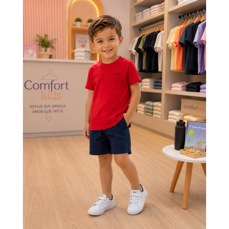CONJUNTO COM SHORTS DE LINHO VERMELHO E AZUL ALAKAZOO - MASCULINO