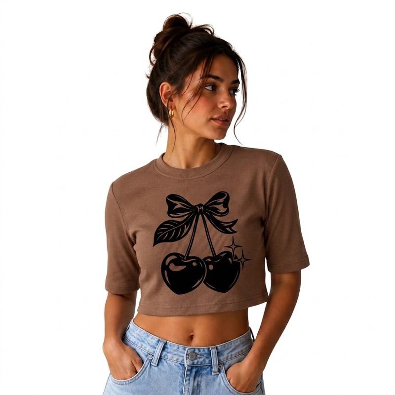 Cropped Feminino T-Shirt Canelado Estampa Cereja Laço Cherry Y2K Blusinha Manga Curta - Marrom e Branco