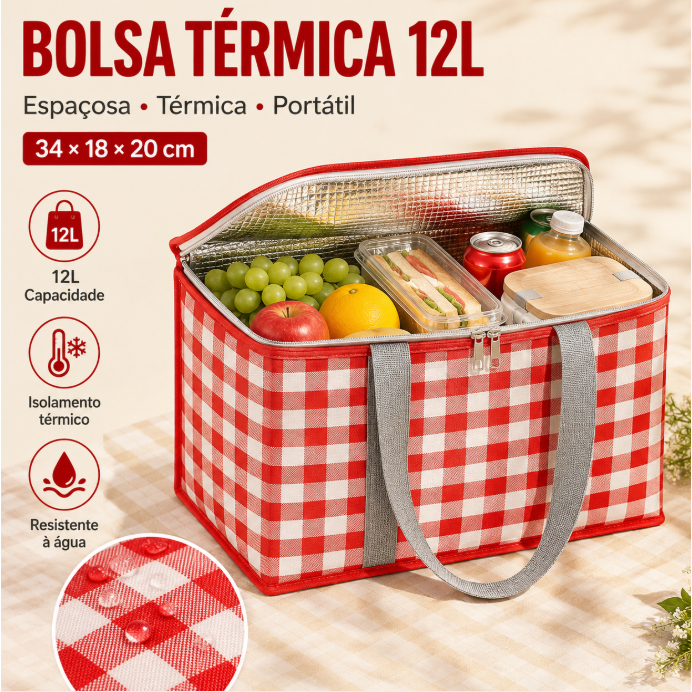 Bolsa Térmica 12L Grande para Piquenique com Interior Aluminizado Dobrável Resistente à Água Praia Camping Viagem