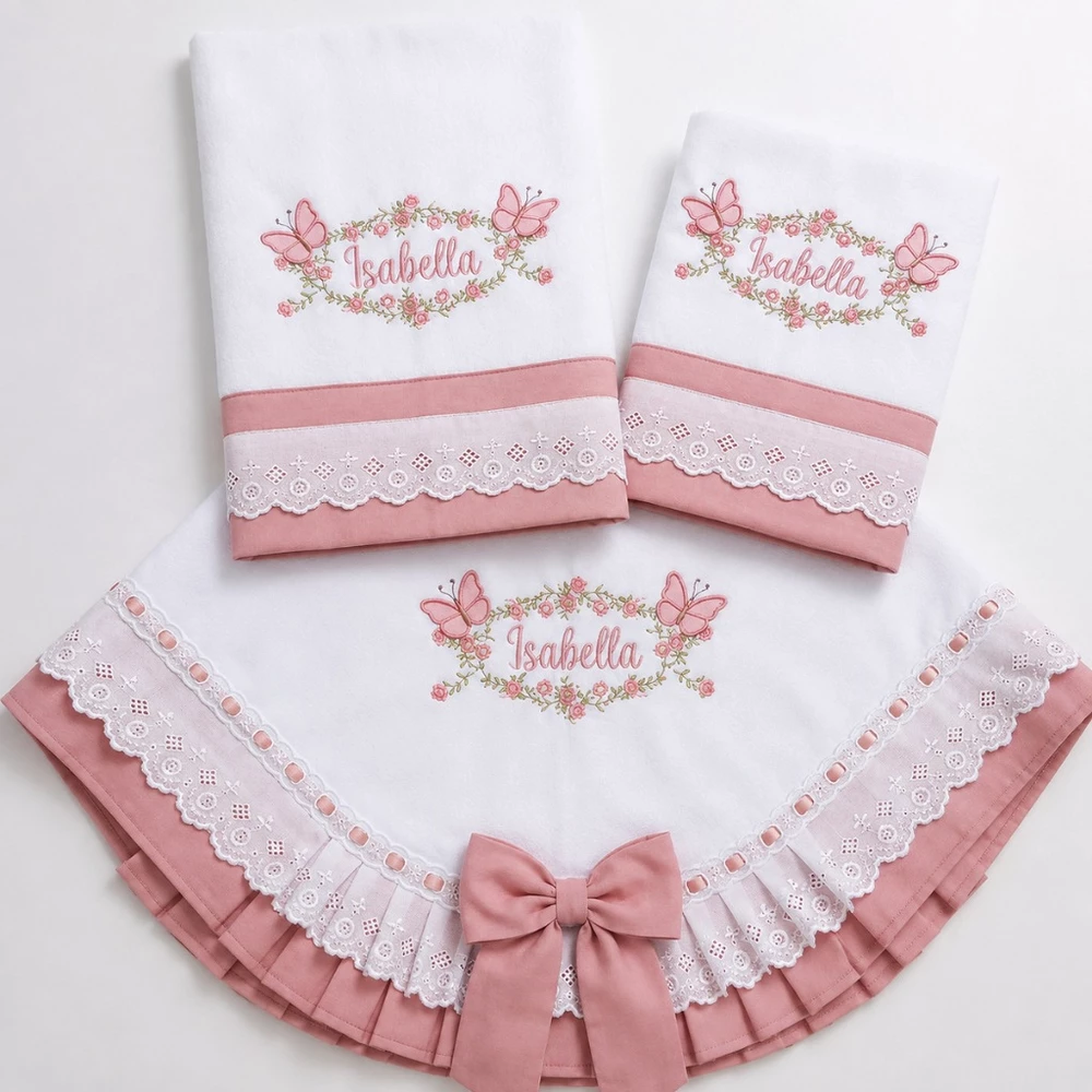 Manta de Bebê Fralda Passeio e Fralda de Boca Bordada Personalizada kit com 3 peças
