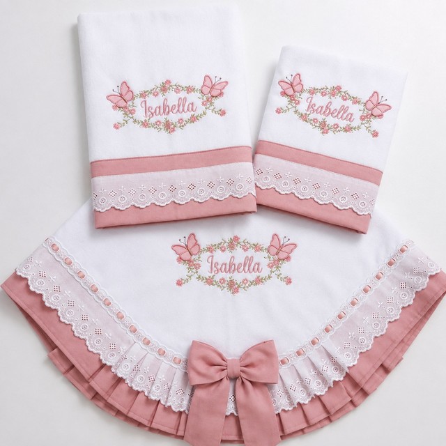 Manta de Bebê Fralda Passeio e Fralda de Boca Bordada Personalizada kit com 3 peças
