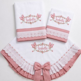 Manta de Bebê  Fralda Passeio e Fralda de Boca Bordada Personalizada kit com 3 peças