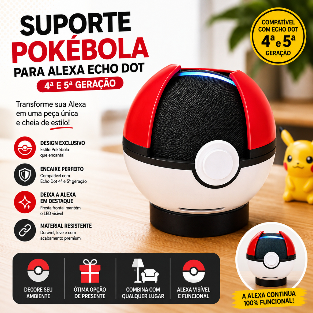 Suporte para Alexa Echo Dot 4 e 5 Pokebola Pokémon | Base Decorativa Geek Presente